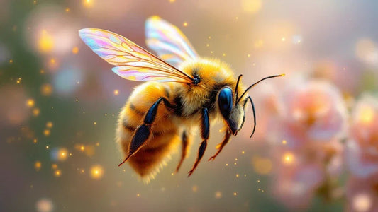 A close-up of a golden bee with iridescent wings, symbolizing hard work, unity, and spiritual transformation in nature