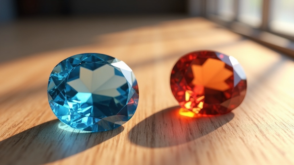 two gemstones one bluye and one red for the topaz colour