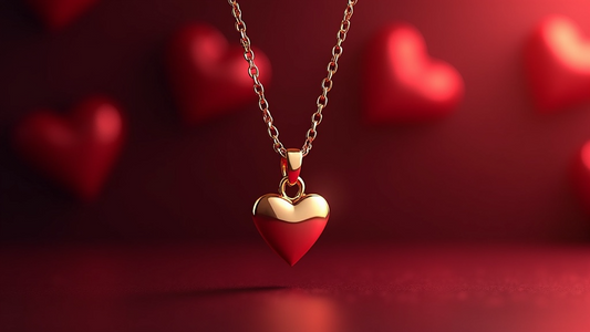 a gold heart necklace surrounded by red hearts to celebrtate valentines day 