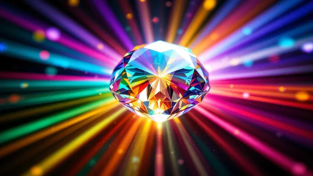 A radiant, multifaceted gemstone reflecting all 12 birthstone colors, emitting vibrant, colorful light rays. A mesmerizing, high-resolution gem symbolizing birthstones and their unique beauty