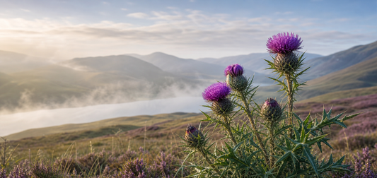 Purple thistle flowers overlooking a misty loch and hills in soft morning light