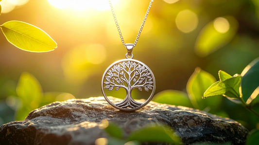 tree of life necklace meaning sterling silver pendant with natural background symbolising growth and connection
