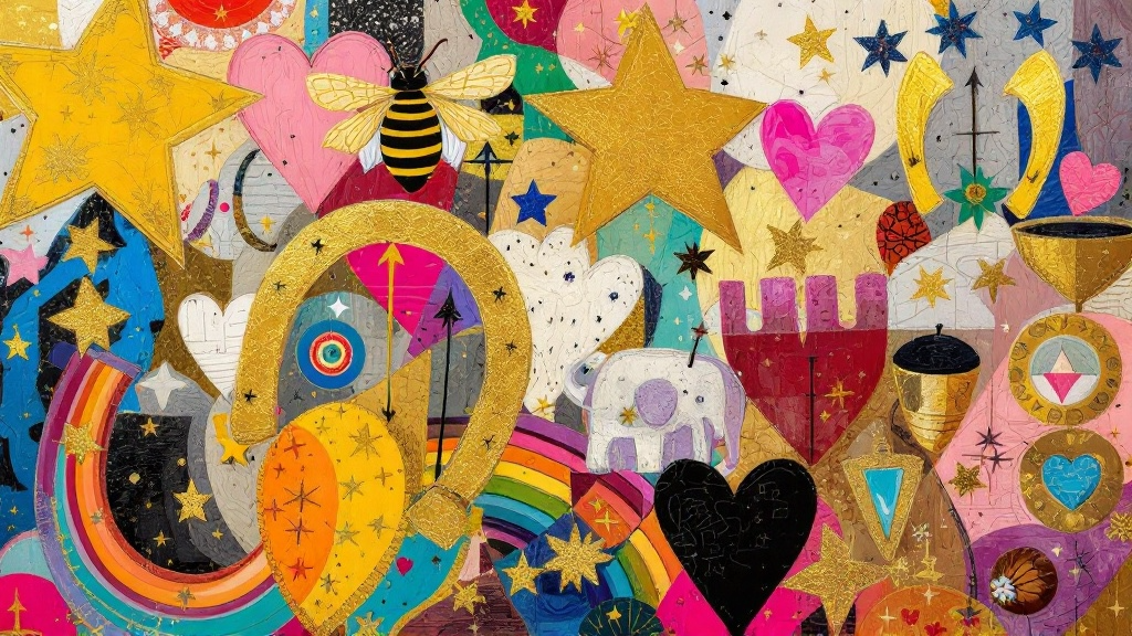 Symbolic jewellery motifs – stars, rainbows, hearts, bees, moons and wishbones in a colourful collage