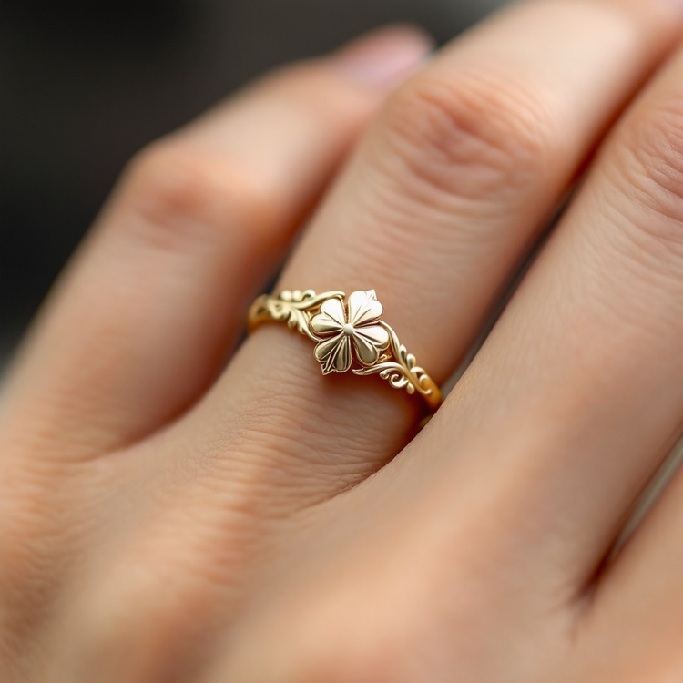 woman wearing gold shamrock ring