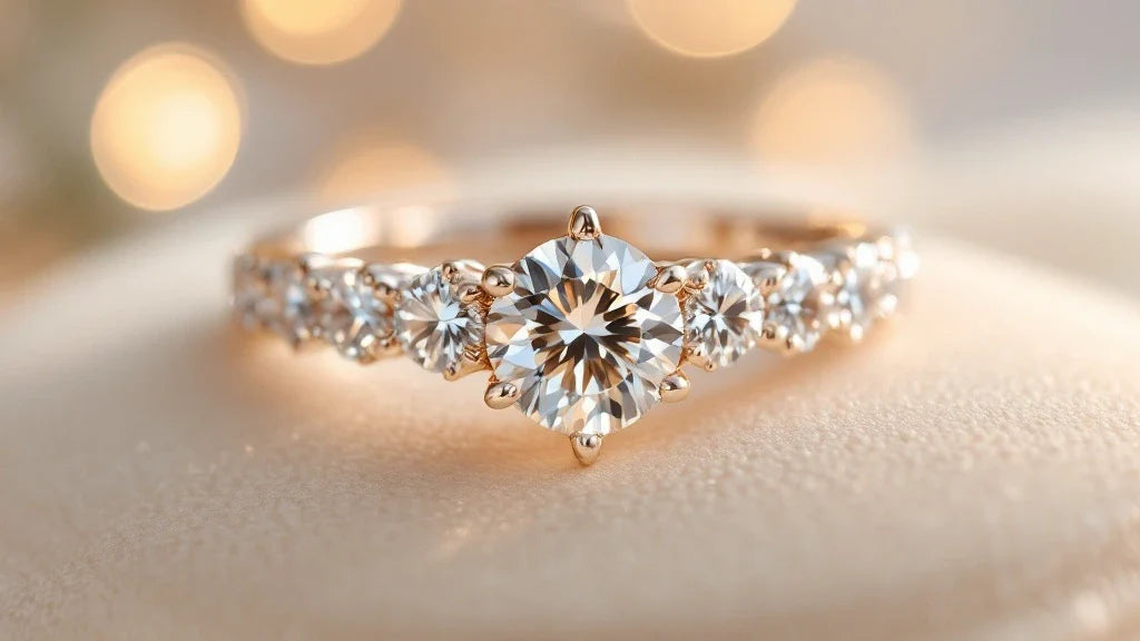18ct gold diamond ring with round brilliant cut stones photographed on a soft cream background – perfect for engagement or fine jewellery collections