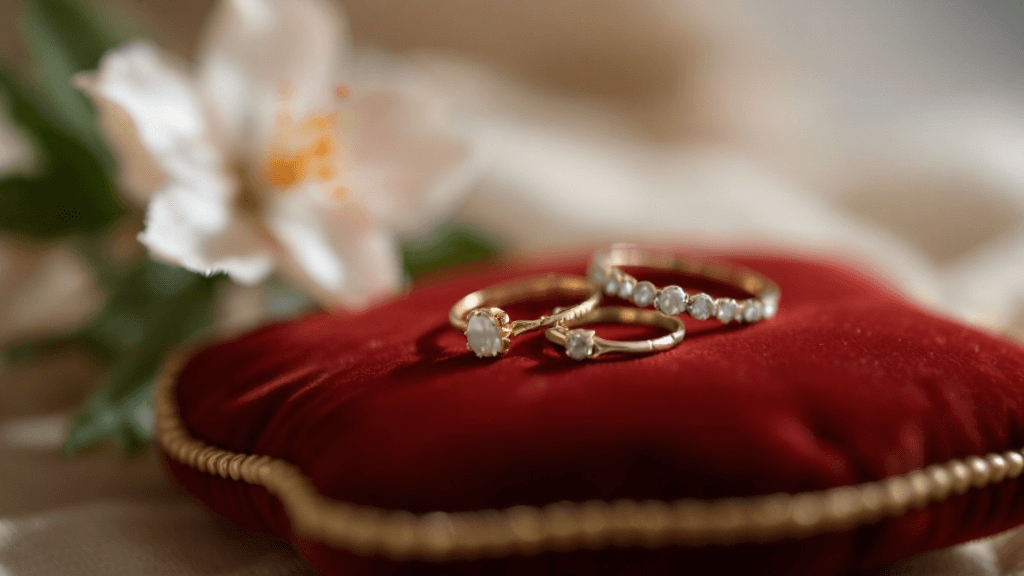 vintage rings for women displayed on a velvet red cushion 