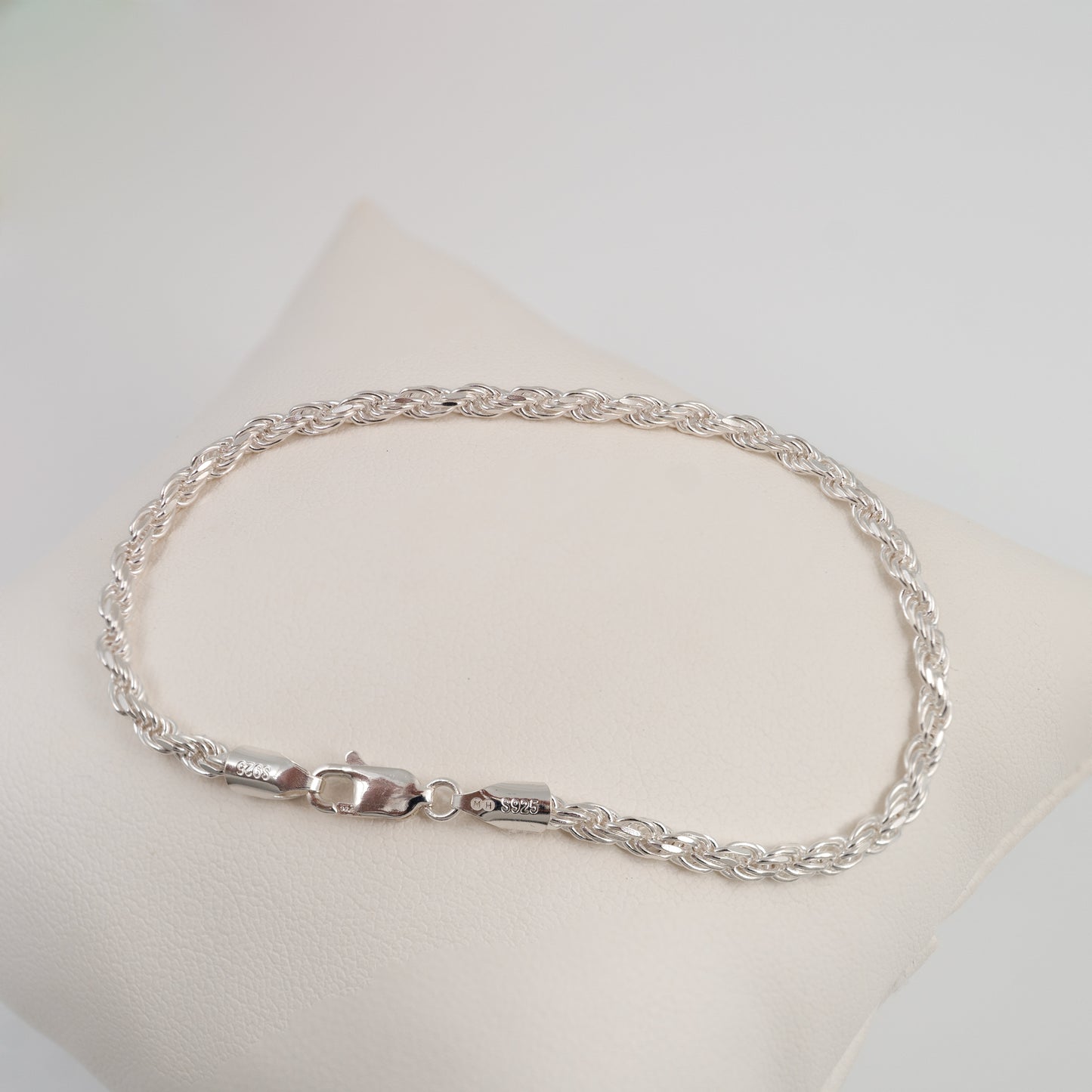 3mm sterling silver rope bracelet with lobster clasp on cushion