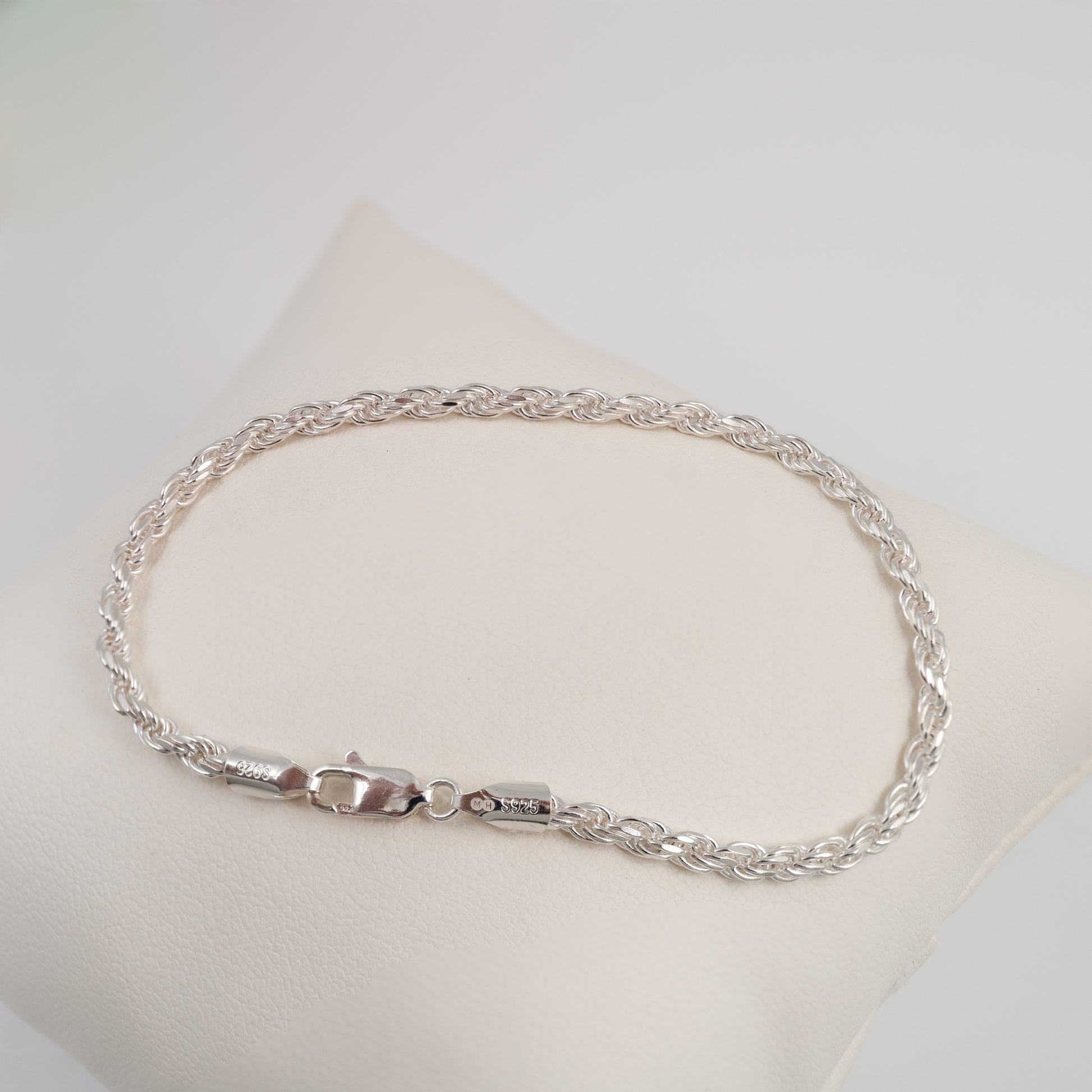 3mm sterling silver rope bracelet with lobster clasp on cushion
