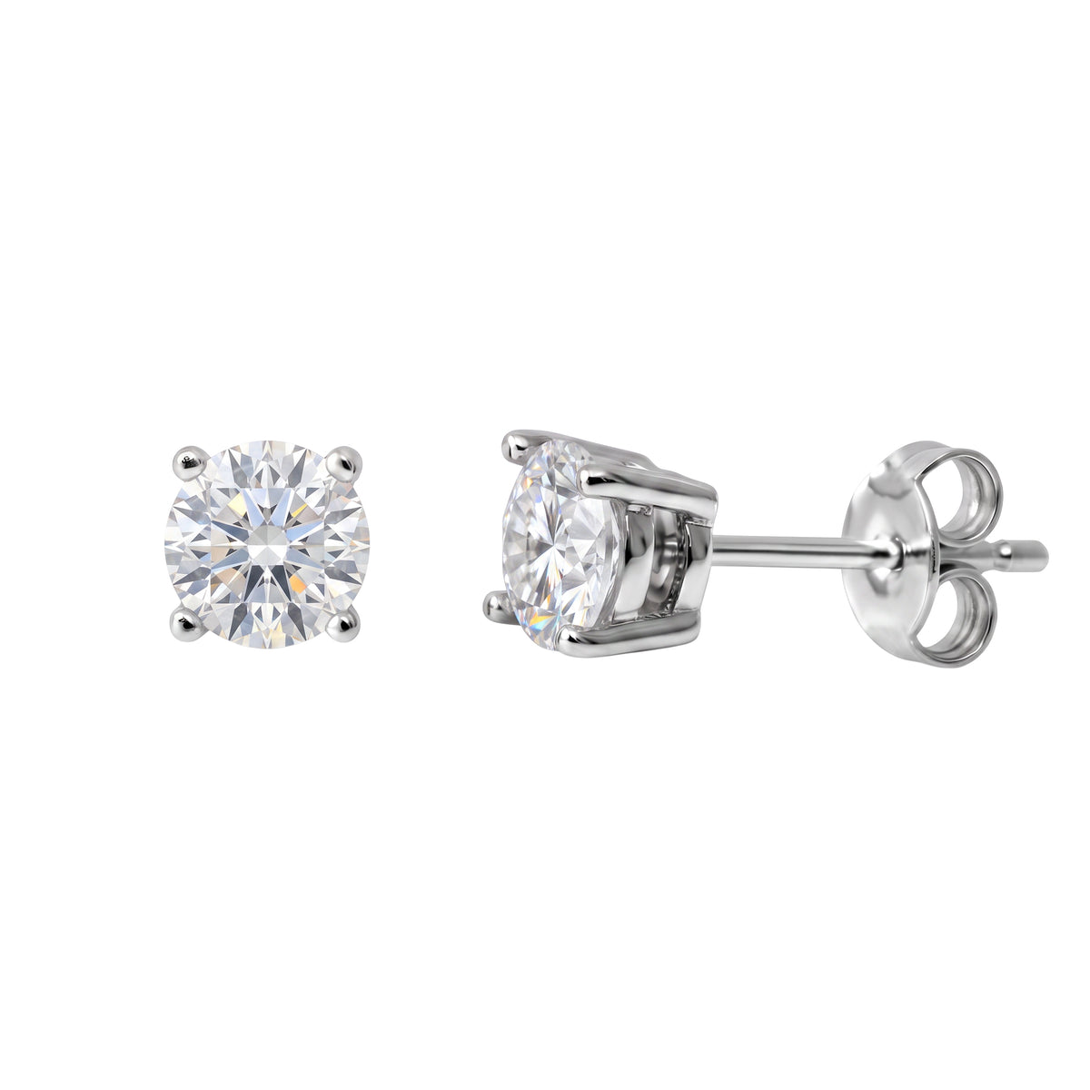 5mm moissanite studs earrings silver rhodium front and side views on a white background