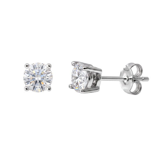 5mm moissanite studs earrings silver rhodium front and side views on a white background