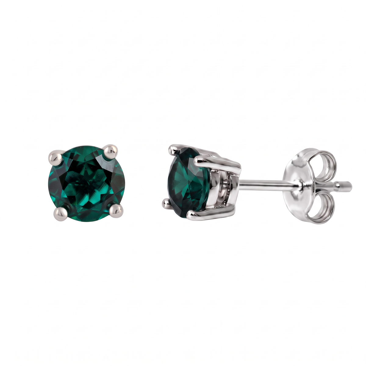 5mm round deep green lab-grown emerald stud earrings in rhodium-plated silver, showing front and side views with a butterfly back on white.