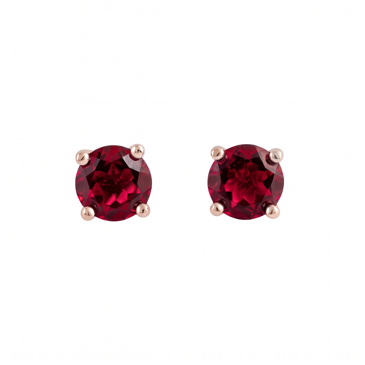 Pair of 5mm round lab grown ruby stud earrings in rose gold-plated sterling silver, front view on a white background