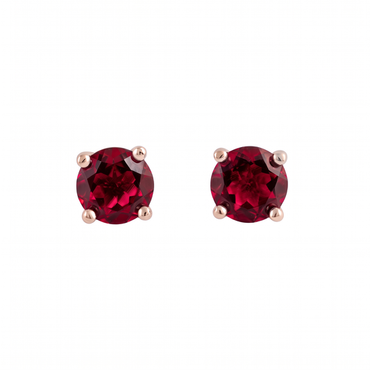 Pair of 5mm round lab grown ruby stud earrings in rose gold-plated sterling silver, front view on a white background