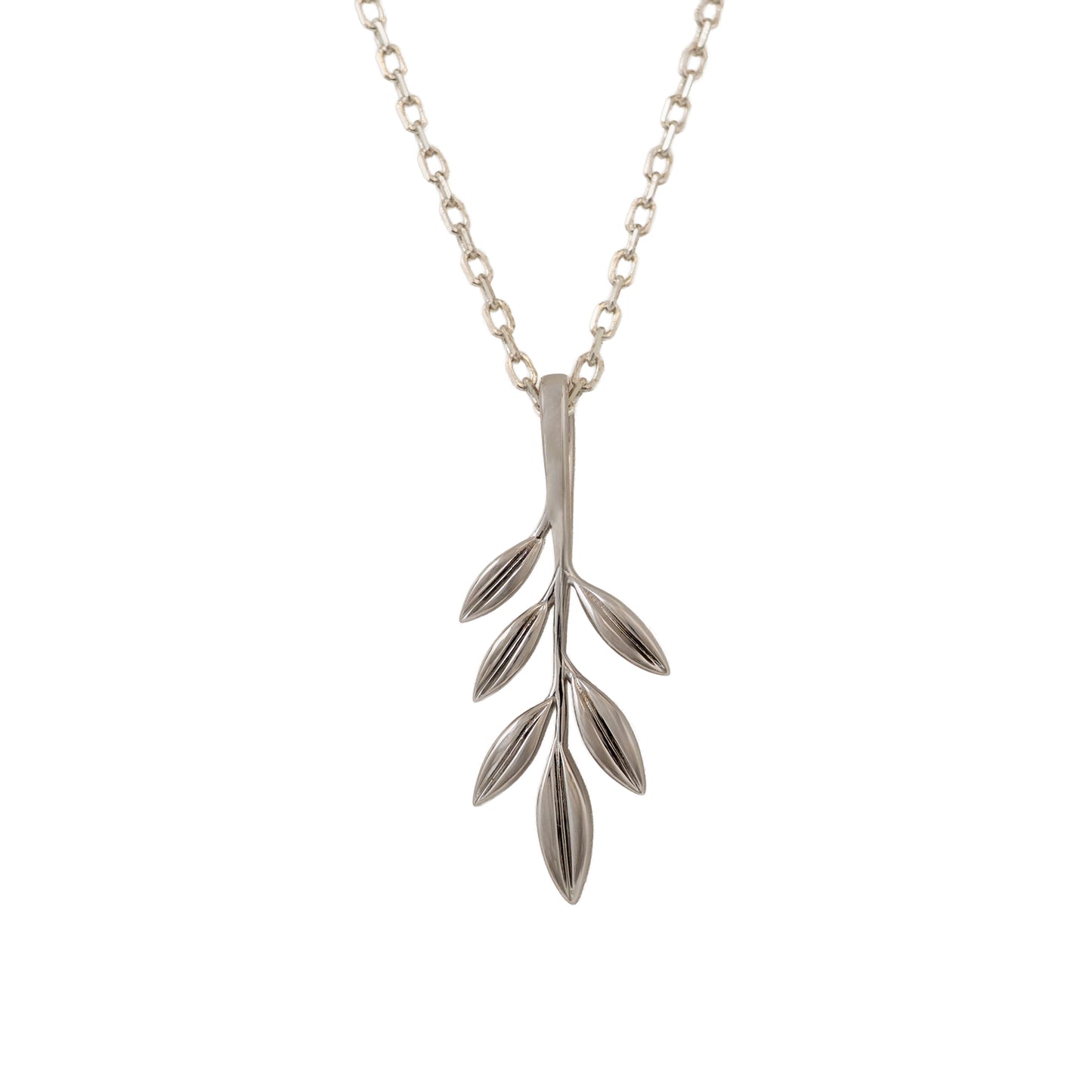 Silver olive branch necklace against a white background