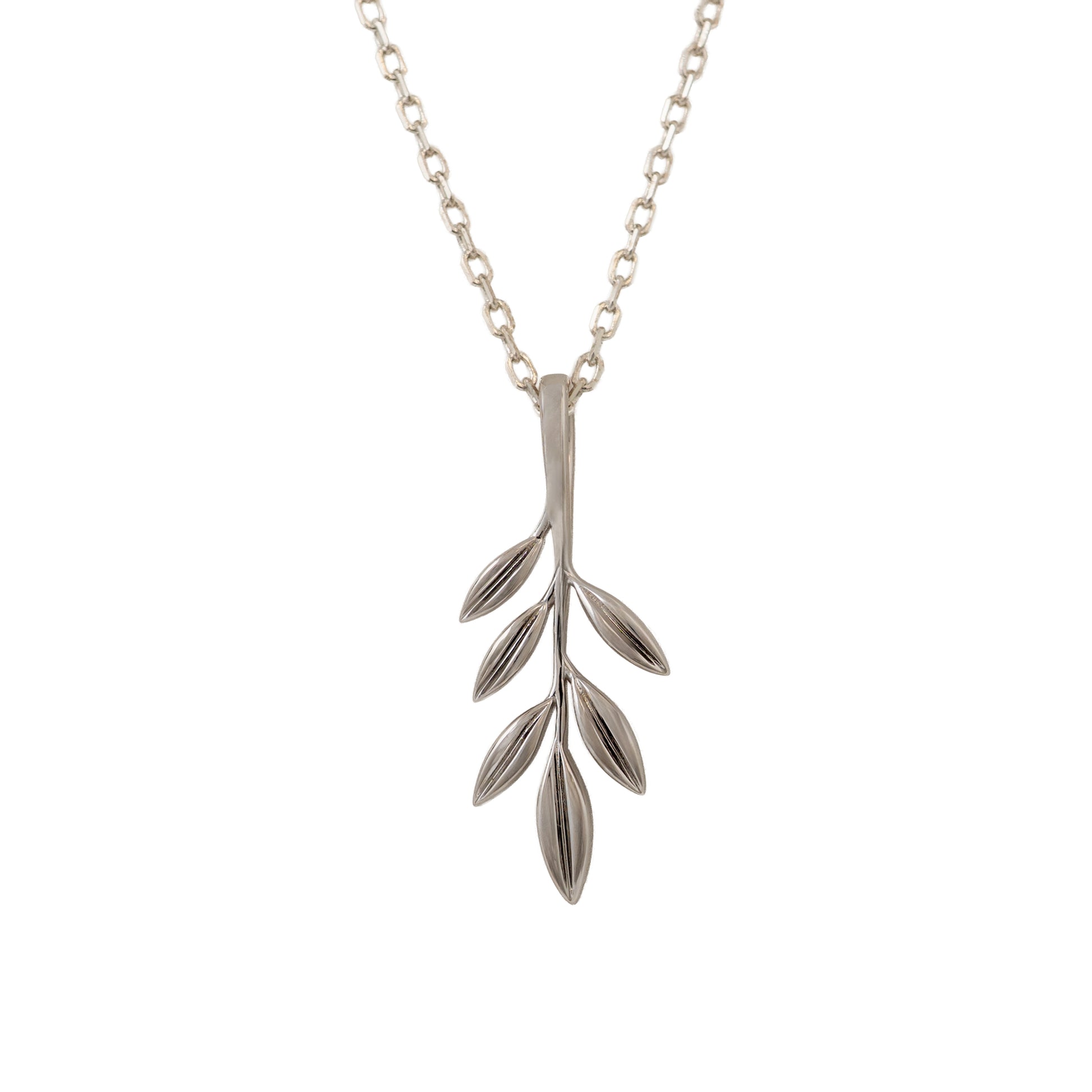 Silver olive branch necklace against a white background