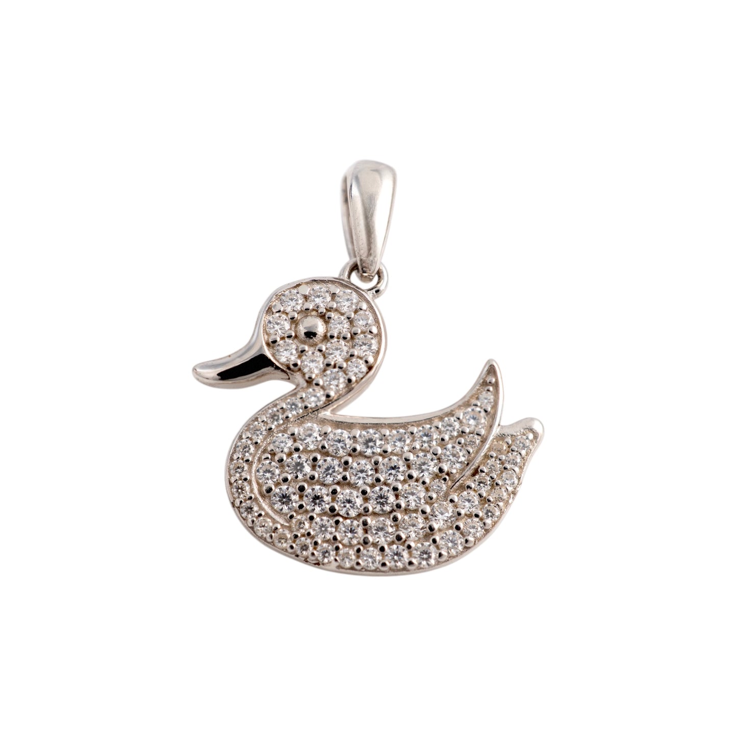 Silver duck-pendant with gemstones on a white background