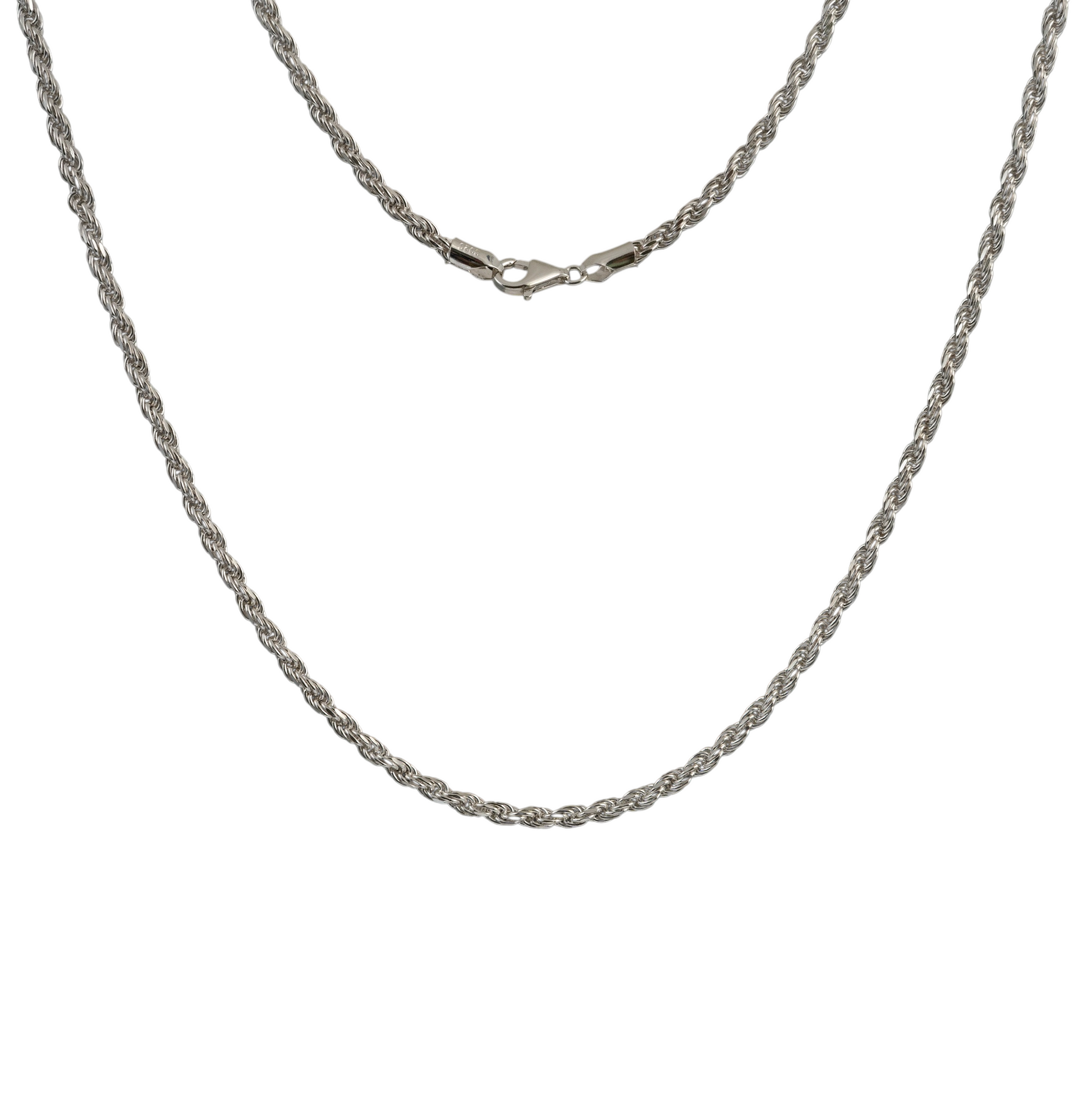 3mm Silver rope chain necklace showing lobster clasp on a white background