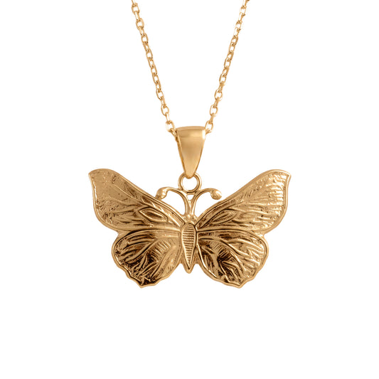A 375 gold butterfly pendant necklace with an engraved wing pattern, suspended from a delicate gold chain against a plain white background.