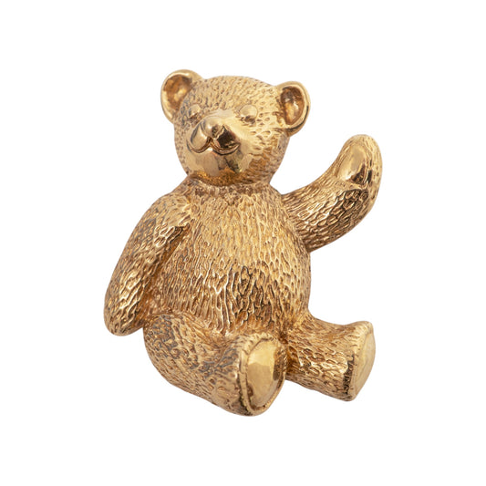 9ct gold teddy bear brooch in yellow gold with textured fur and a raised waving paw