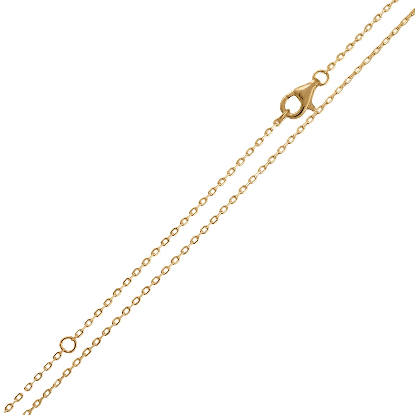 A close-up of a delicate gold chain necklace with a lobster clasp, shown diagonally on a plain white background.