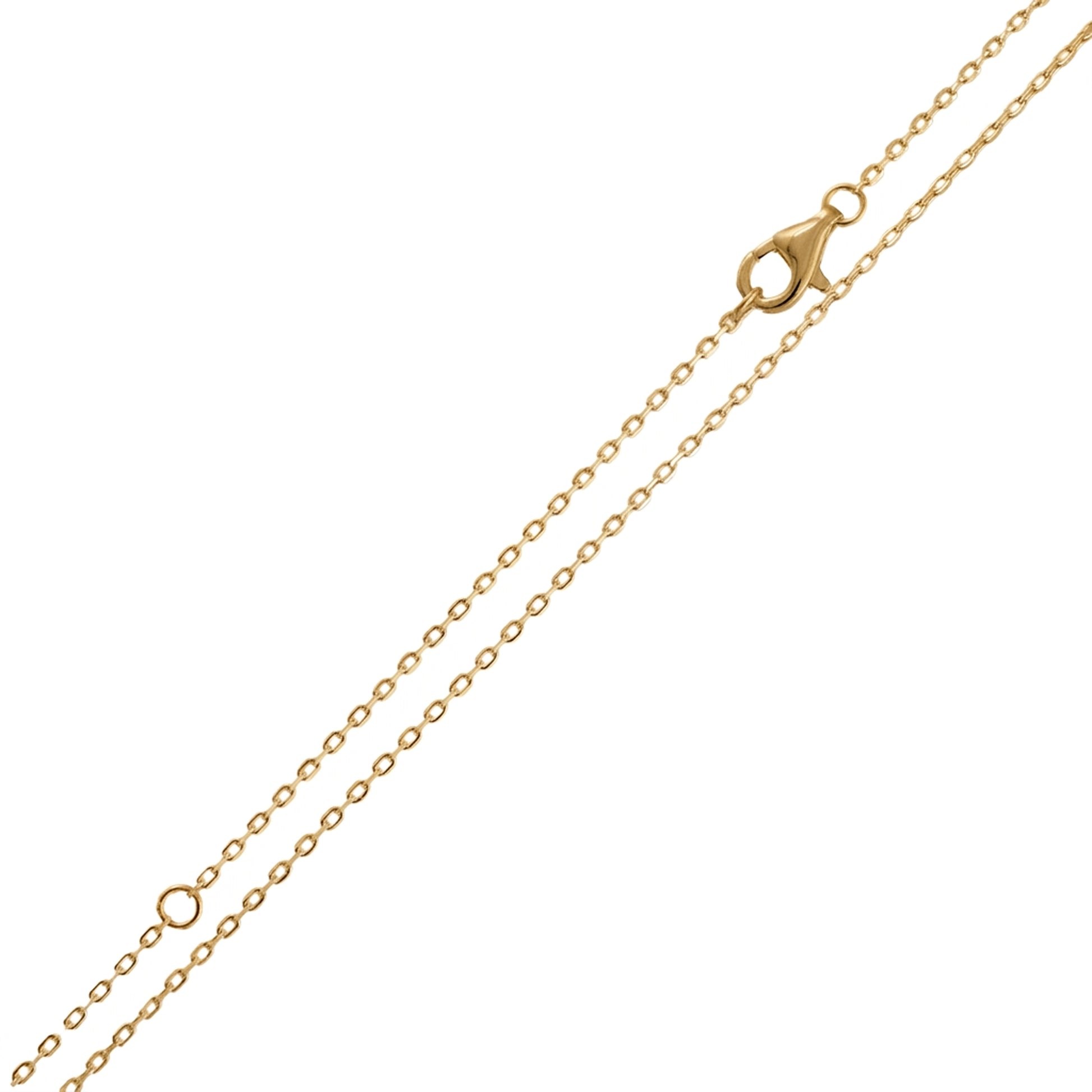 A close-up of a delicate gold chain necklace with a lobster clasp, shown diagonally on a plain white background.