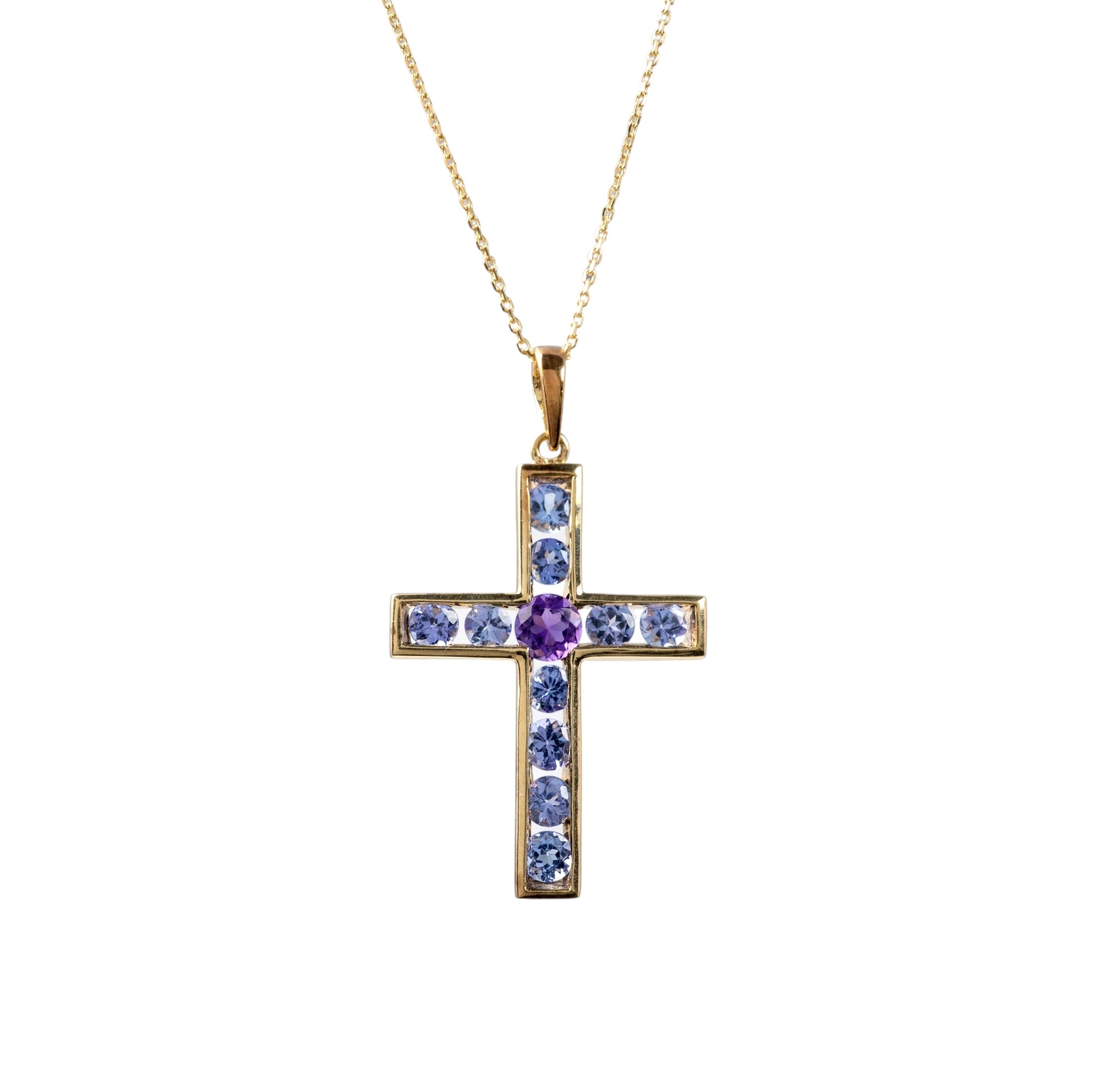 9ct gold crucifix necklace with amethyst and tanzanite gemstones front view