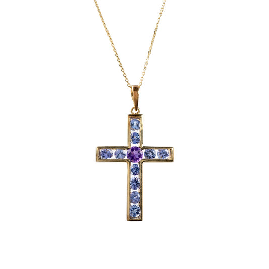 9ct gold crucifix necklace with amethyst and tanzanite gemstones front view