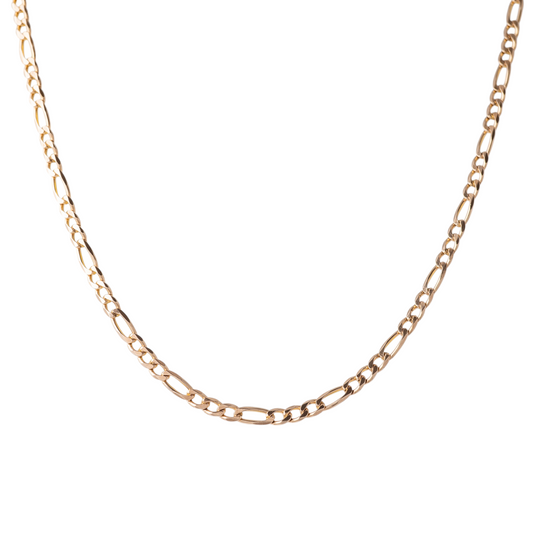 9ct gold Figaro chain necklace over a white background showcasing its full length and alternating link design
