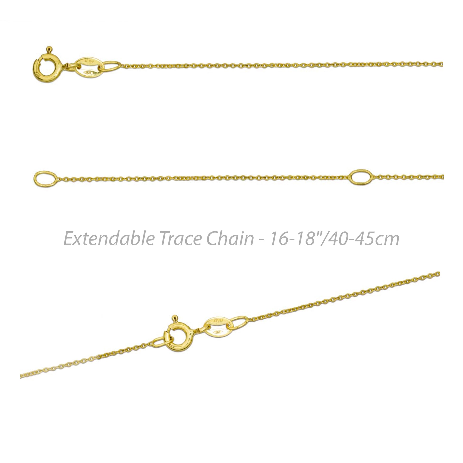 Adjustable trace chain for ruby teardrop pendant necklace in 9ct yellow gold, extendable from 16 to 18 inches.
