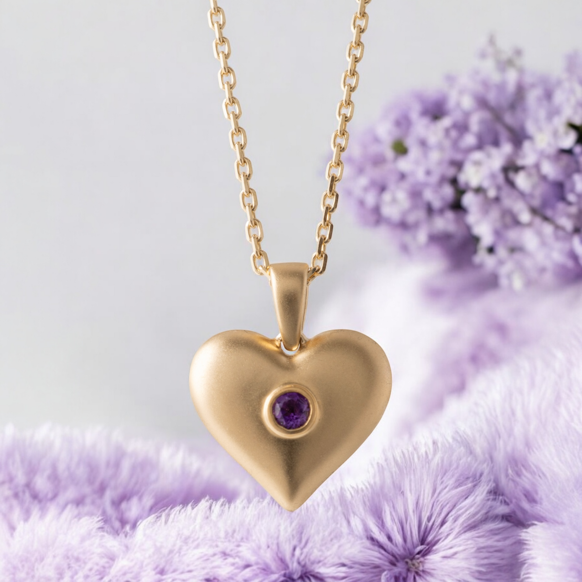 Matte gold heart necklace with amethyst on a lilac background hunters fine jewellery