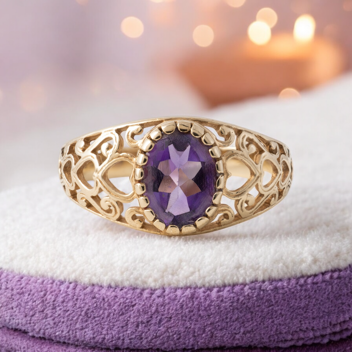 Vintage amethyst ring with heart design displayed on a soft purple background, ideal for Valentine's gifting