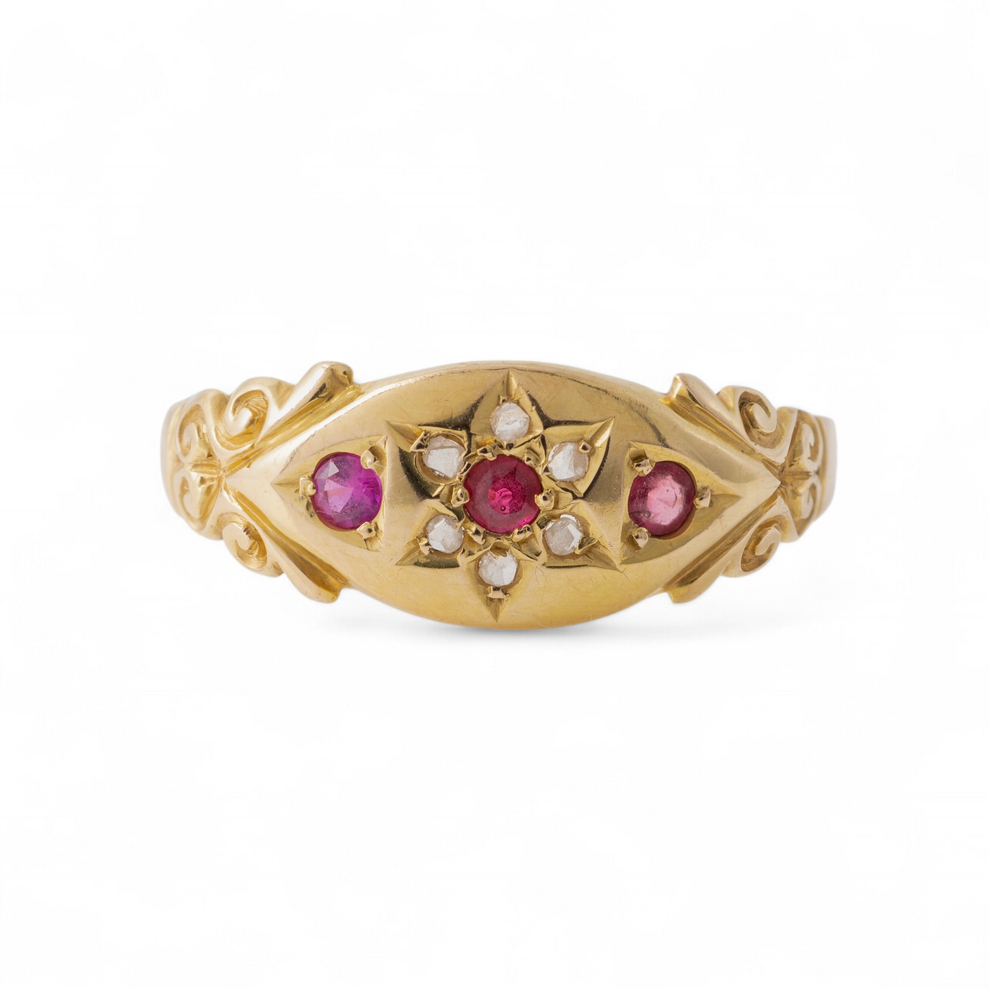 Antique Ruby Gypsy Ring in 18ct Yellow Gold - Featuring Rubies and Old-Cut Diamonds in Floral Setting