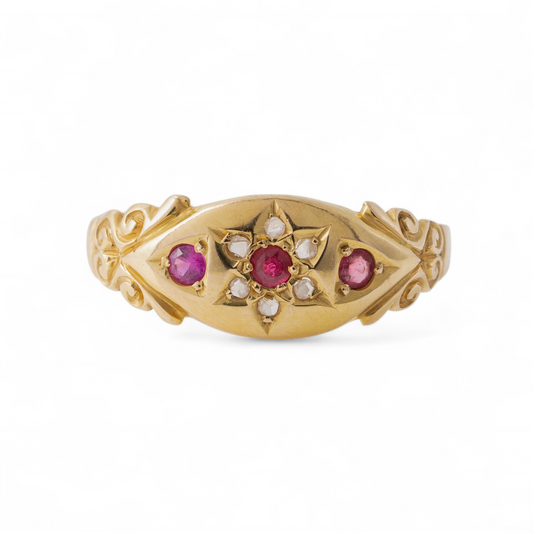 Antique Ruby Gypsy Ring in 18ct Yellow Gold - Featuring Rubies and Old-Cut Diamonds in Floral Setting