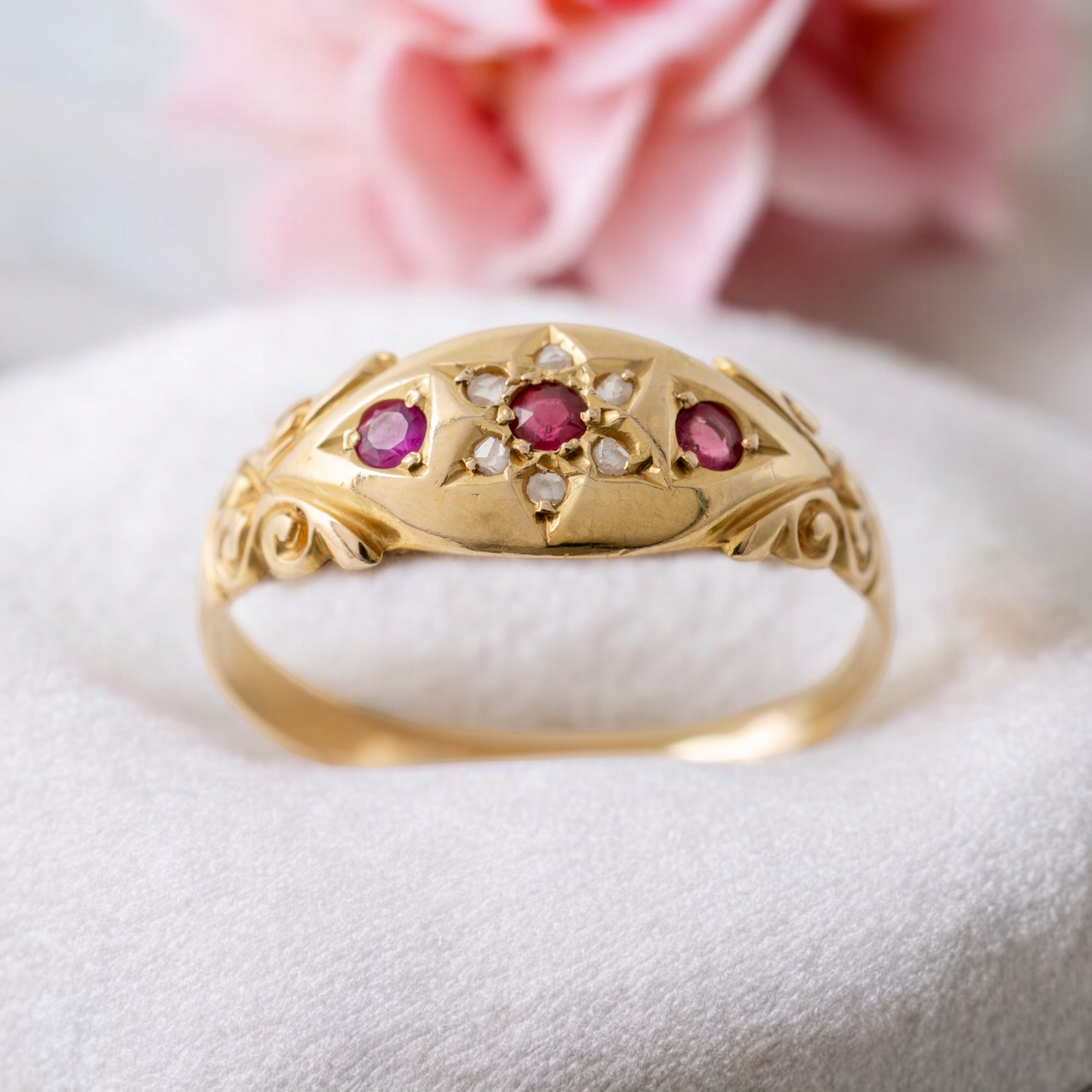 Antique ruby and old-cut diamond gypsy ring, side view, 18ct yellow gold