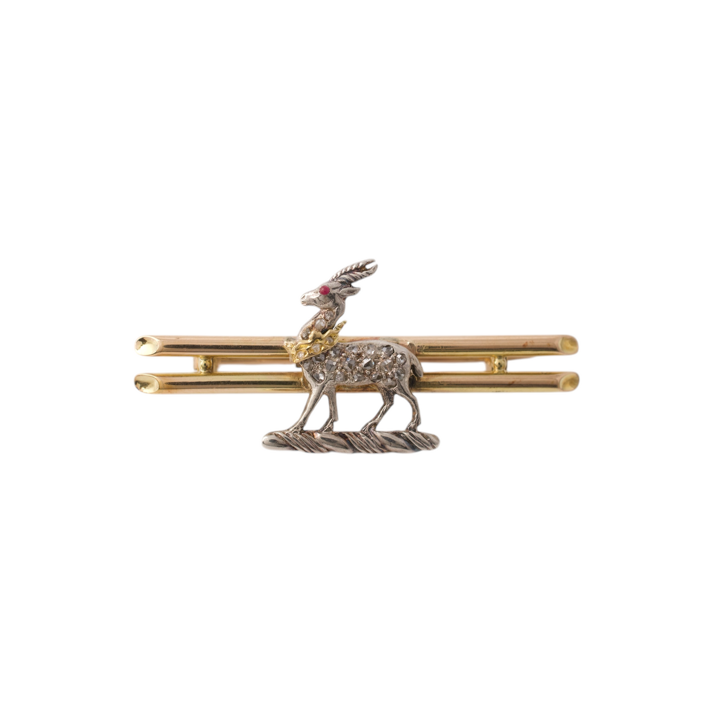 Antique diamond gazelle brooch front view showing rose cut diamonds in platinum setting on 15ct gold bar