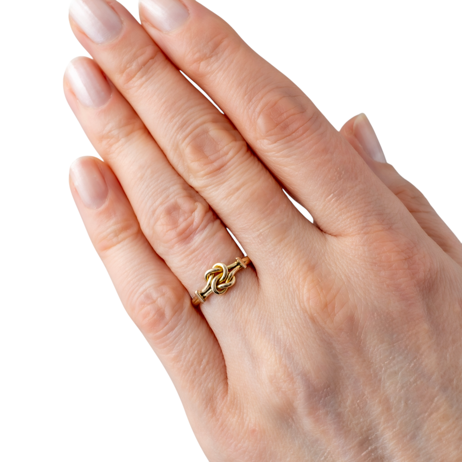 9ct gold knot ring worn on hand, showcasing the design and fit on finger, Victorian period