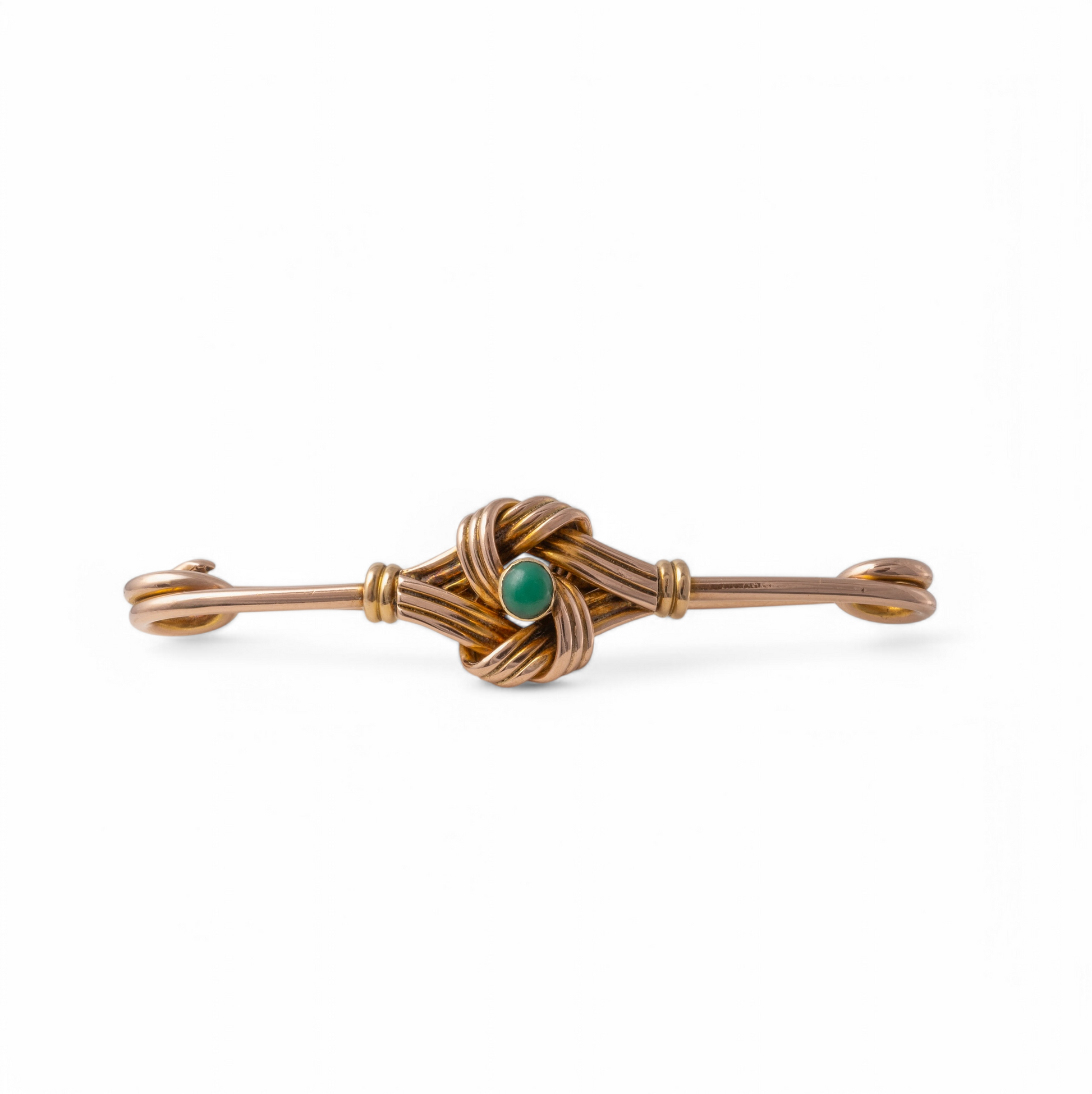 Antique gold brooch with turquoise cabochon in a detailed rope-like setting, showcasing the intricate craftsmanship of the Edwardian era - Hunters Fine Jewellery