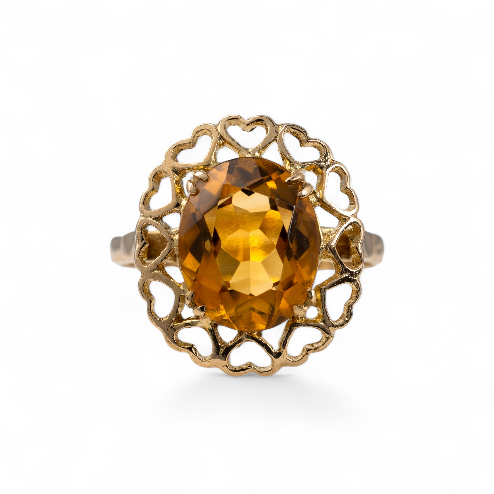 vintage citrine ring with hearts halo 9ct gold 1960s style