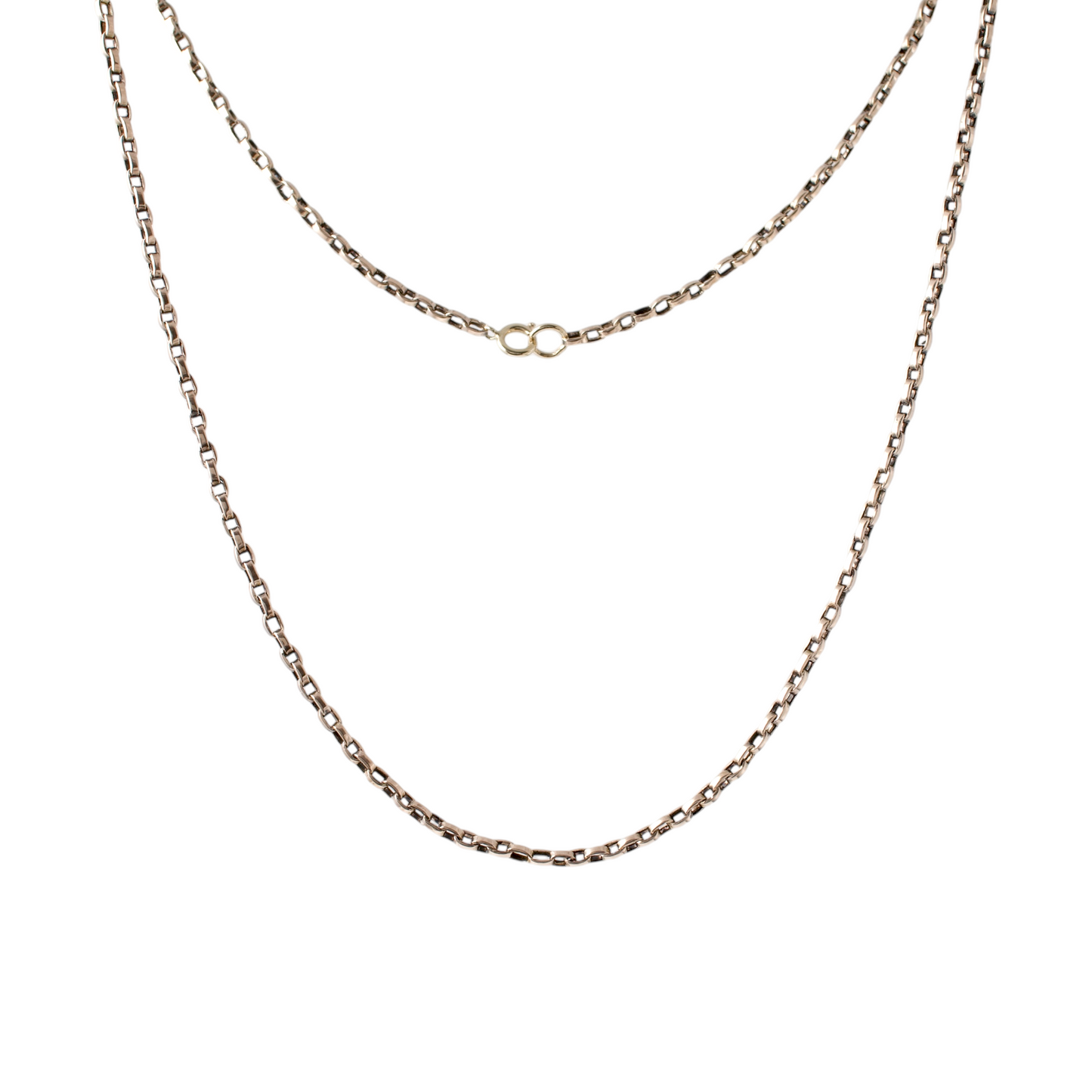 Classic 9ct gold rolo chain necklace suspended in air showing the chain style and the spring ring clasp