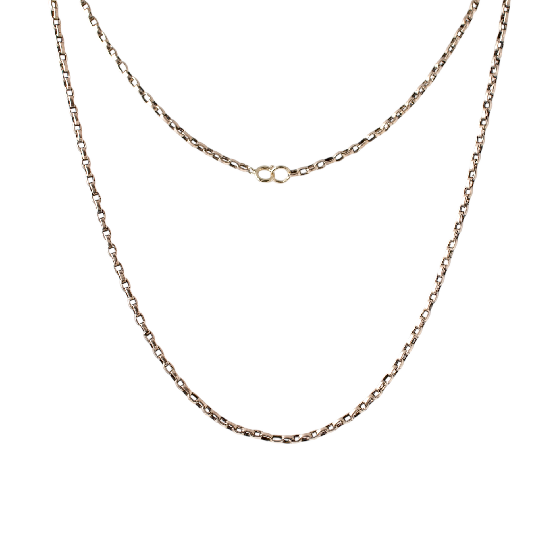 Classic 9ct gold rolo chain necklace suspended in air showing the chain style and the spring ring clasp