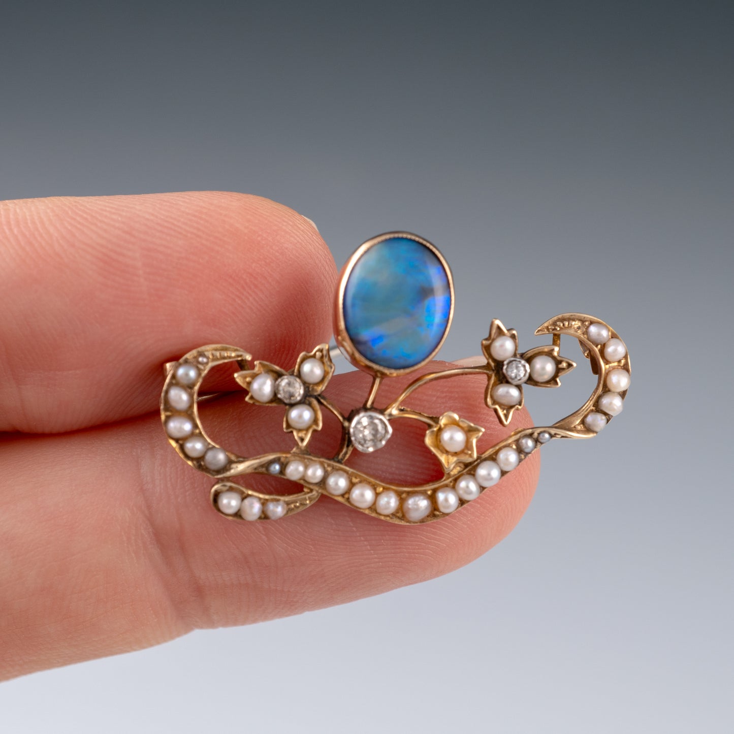 Art Nouveau Blue Opal Diamond Pearl Flowers Brooch 15ct Gold - Hunters Fine Jewellery