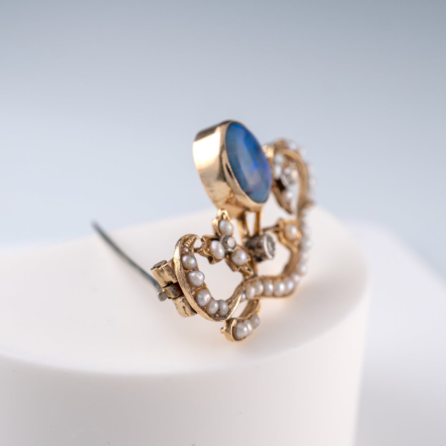 Art Nouveau Blue Opal Diamond Pearl Flowers Brooch 15ct Gold - Hunters Fine Jewellery