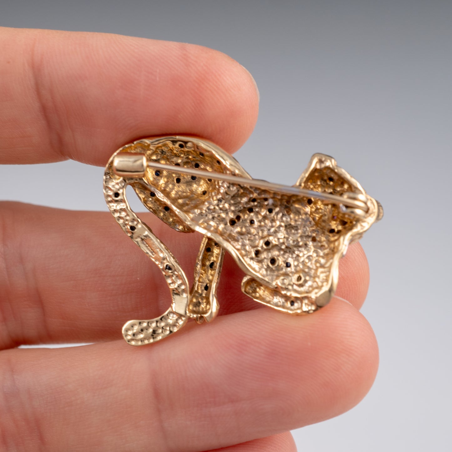 Vintage 9ct Gold Gemstone Precious Decorated Big Cat Brooch Pin - Hunters Fine Jewellery