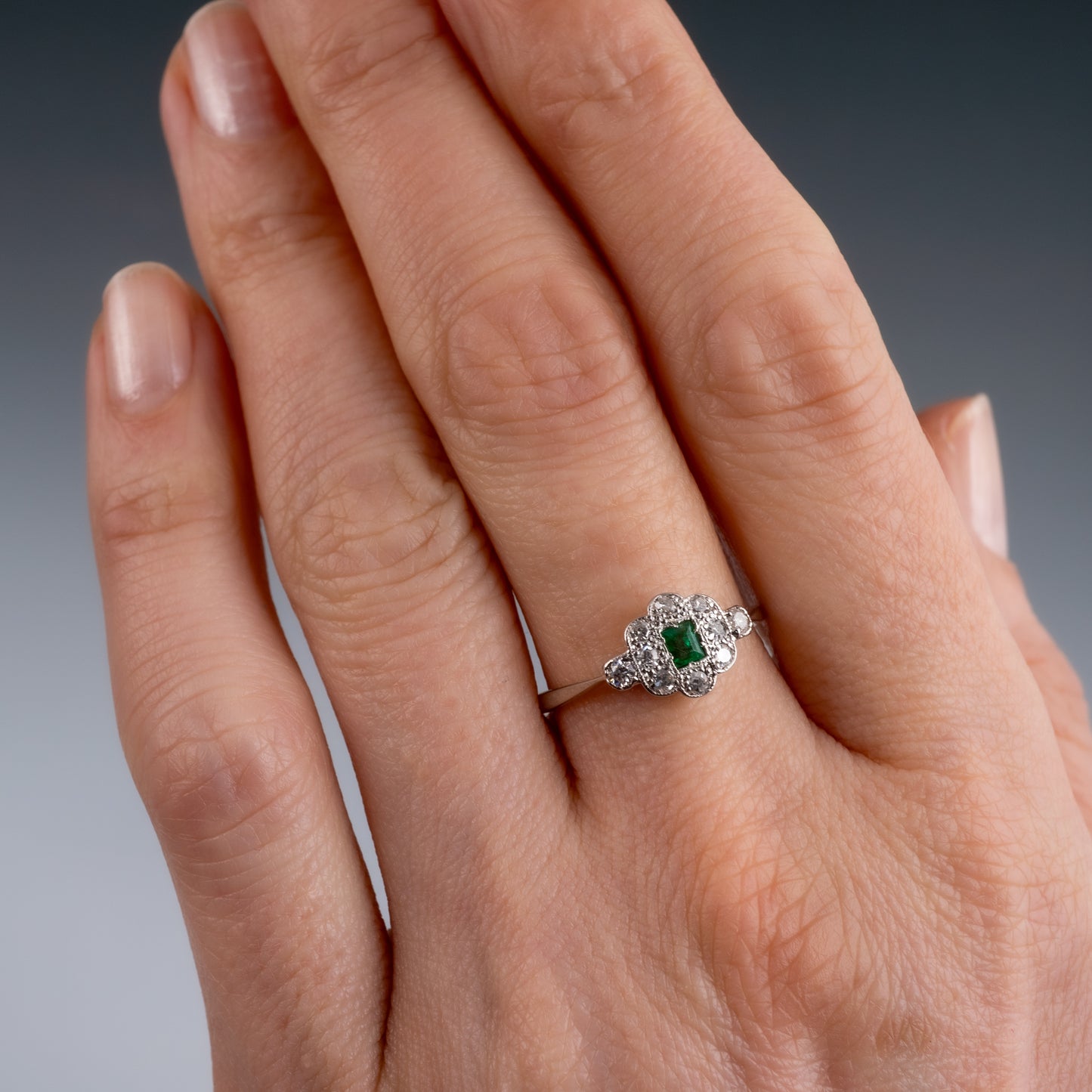 18k Gold Platinum Emerald Diamond Cluster Ring Art Deco - Hunters Fine Jewellery