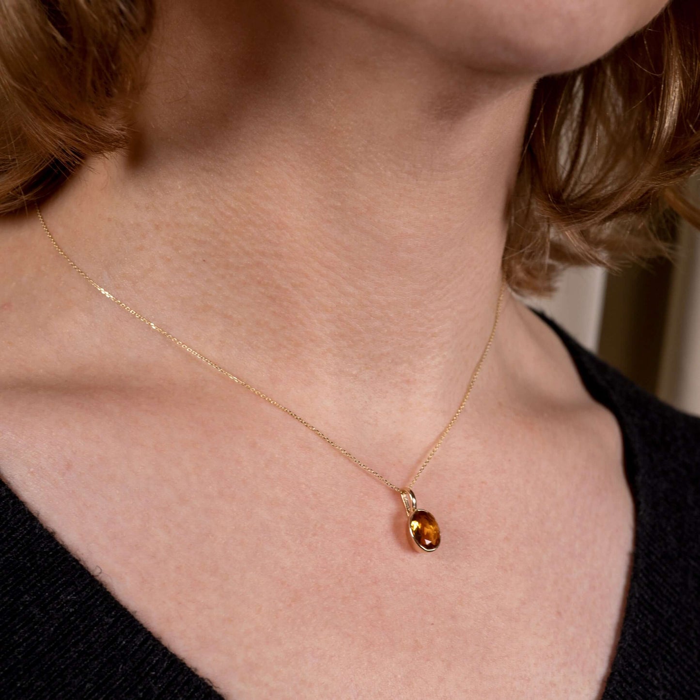 Yellow Gold Natural Citrine Pendant Necklace Neck Model - Hunters Fine Jewellery