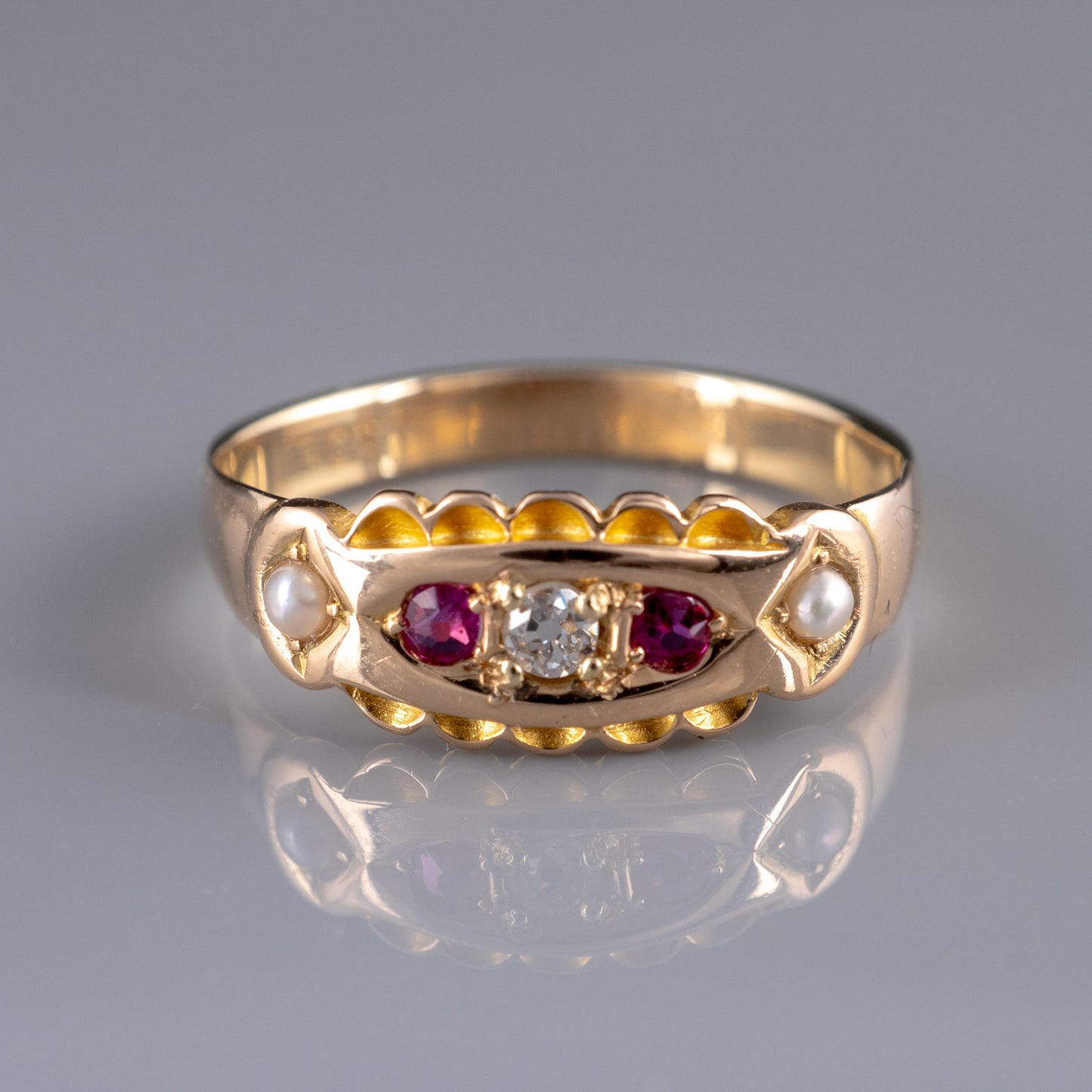 Antique Ruby Diamond Pearl Gypsy Ring 9ct Gold