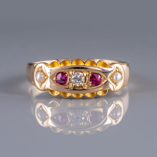 Antique Ruby Diamond Pearl Gypsy Ring 9ct Gold