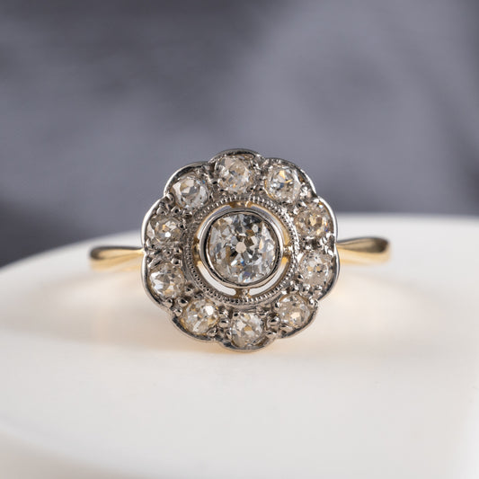 Antique Old Cut Diamond Flower Cluster Ring 18ct Gold & Platinum Setting