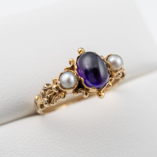 Pre-Owned 9ct Gold Amethyst Pearl Three Stone Ring