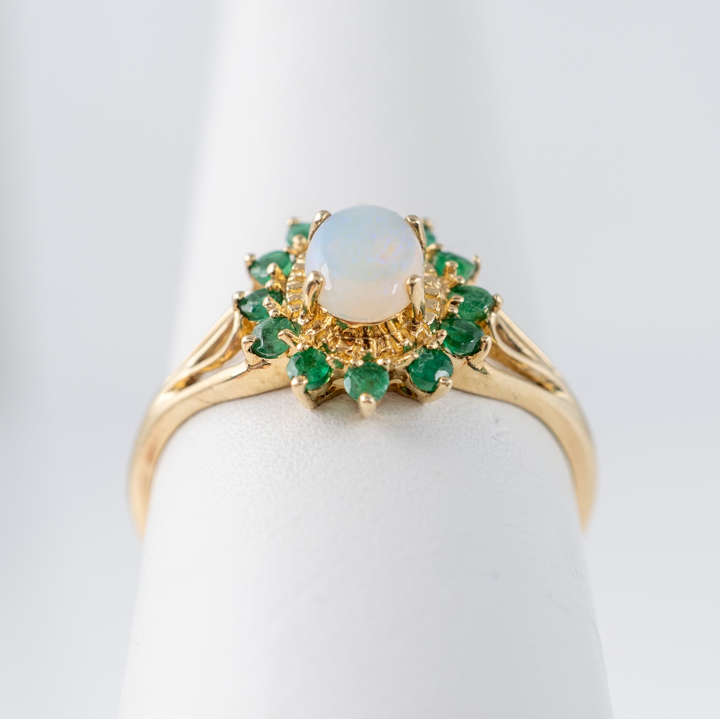 9ct yellow gold ring with opal and emerald floral design, size s - hunters fine jewellery